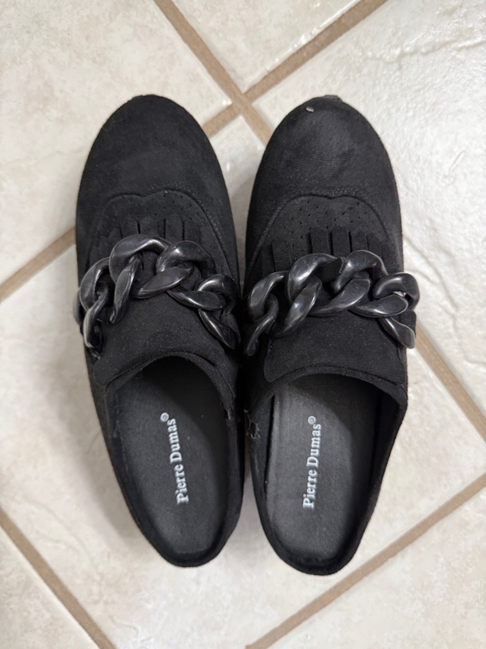 Pierre Dumas Black Suede-Style Loafers with Chunky Chain